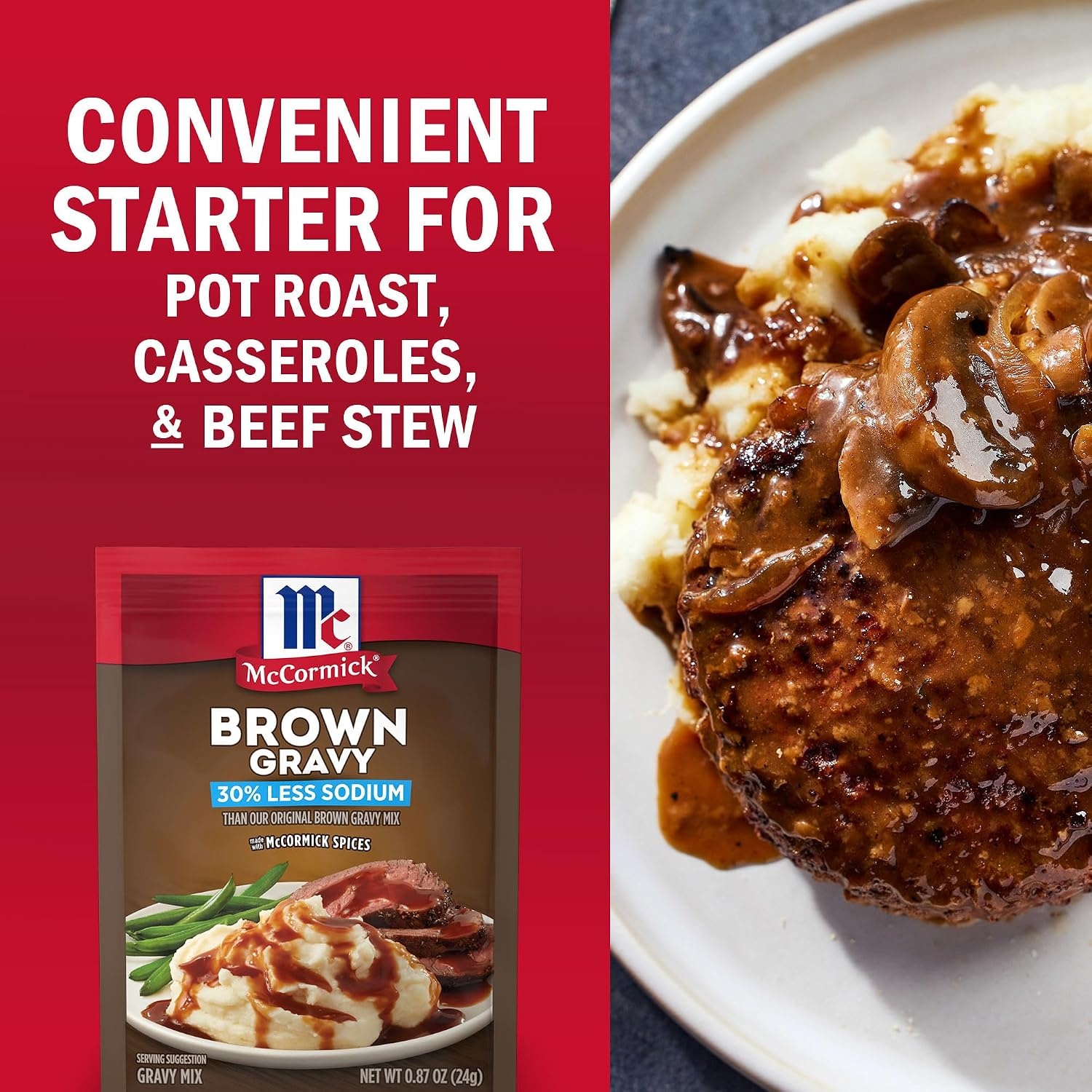 image:imageMcCormick 30 Less Sodium Brown Gravy Mix 087 oz Pack of 12Brown Gravy Mix Less Sodium