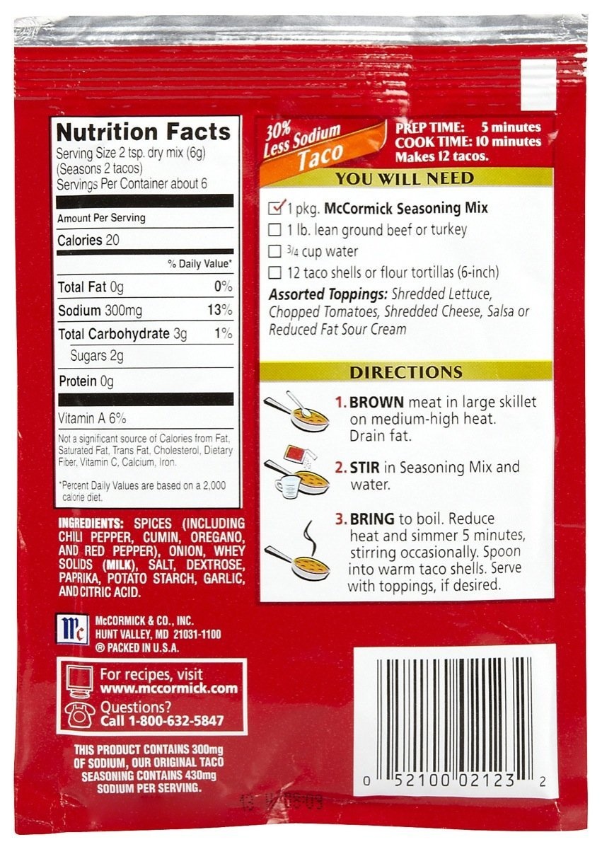 image:imageMcCormick 30 Less Sodium Taco Seasoning Mix 1 oz Pack of 12125 Ounce Pack of 6