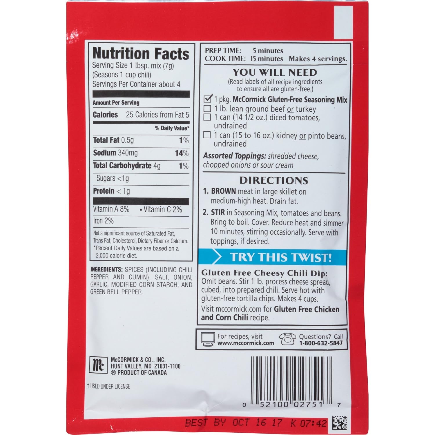 image:imageMcCormick Gluten Free Chili Seasoning Mix 1 Oz1 Ounce Pack of 12