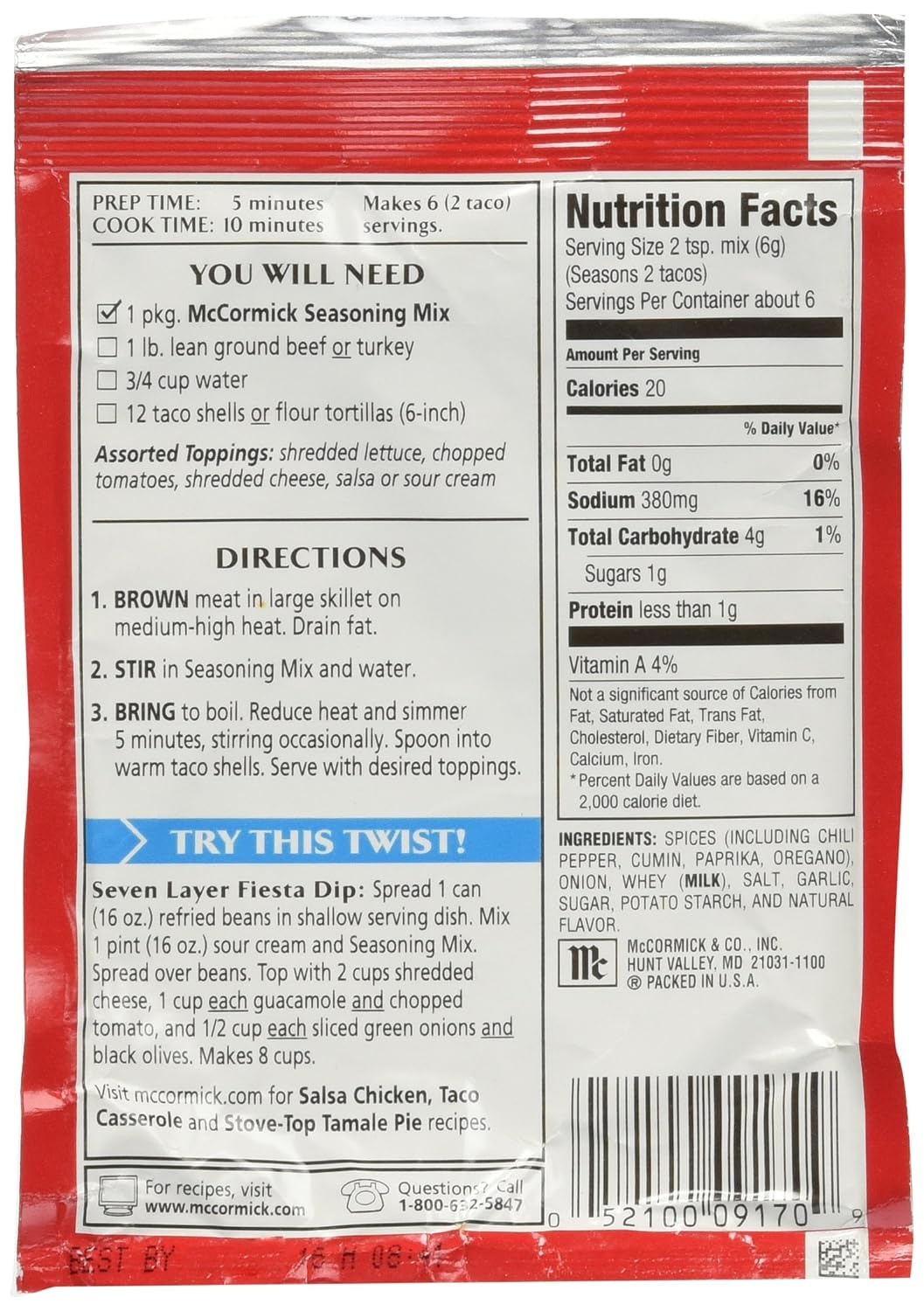 image:imageMcCormick Hot Taco Seasoning Mix 1 oz Pack of 12125 Ounce Pack of 6