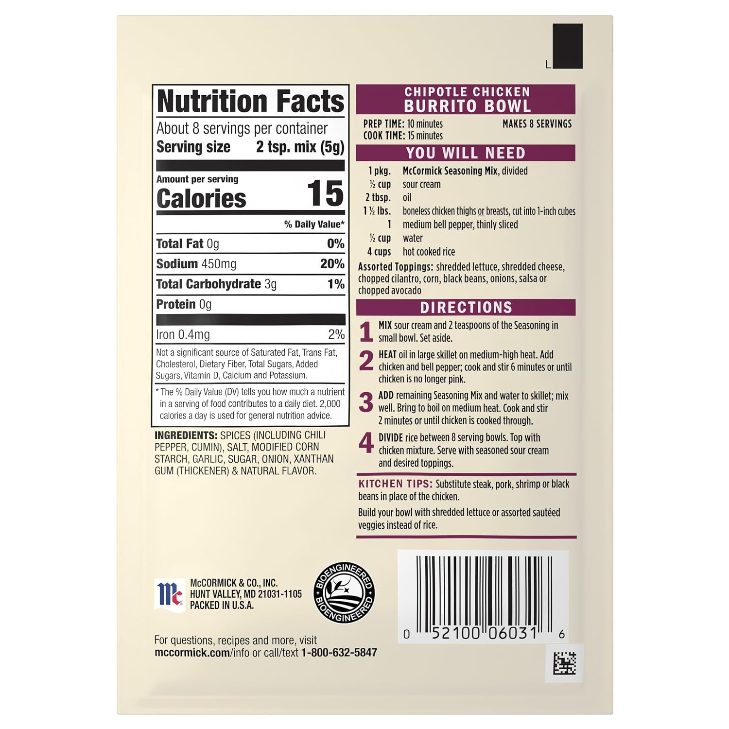 image:imageMcCormick Seasoning Mix Chipotle Chicken Burrito Bowl Zesty No Artificial Flavors Use with Chicken Steak Pork Shrimp Black Beans Vegetables Rice and More 15 oz Pack of 12