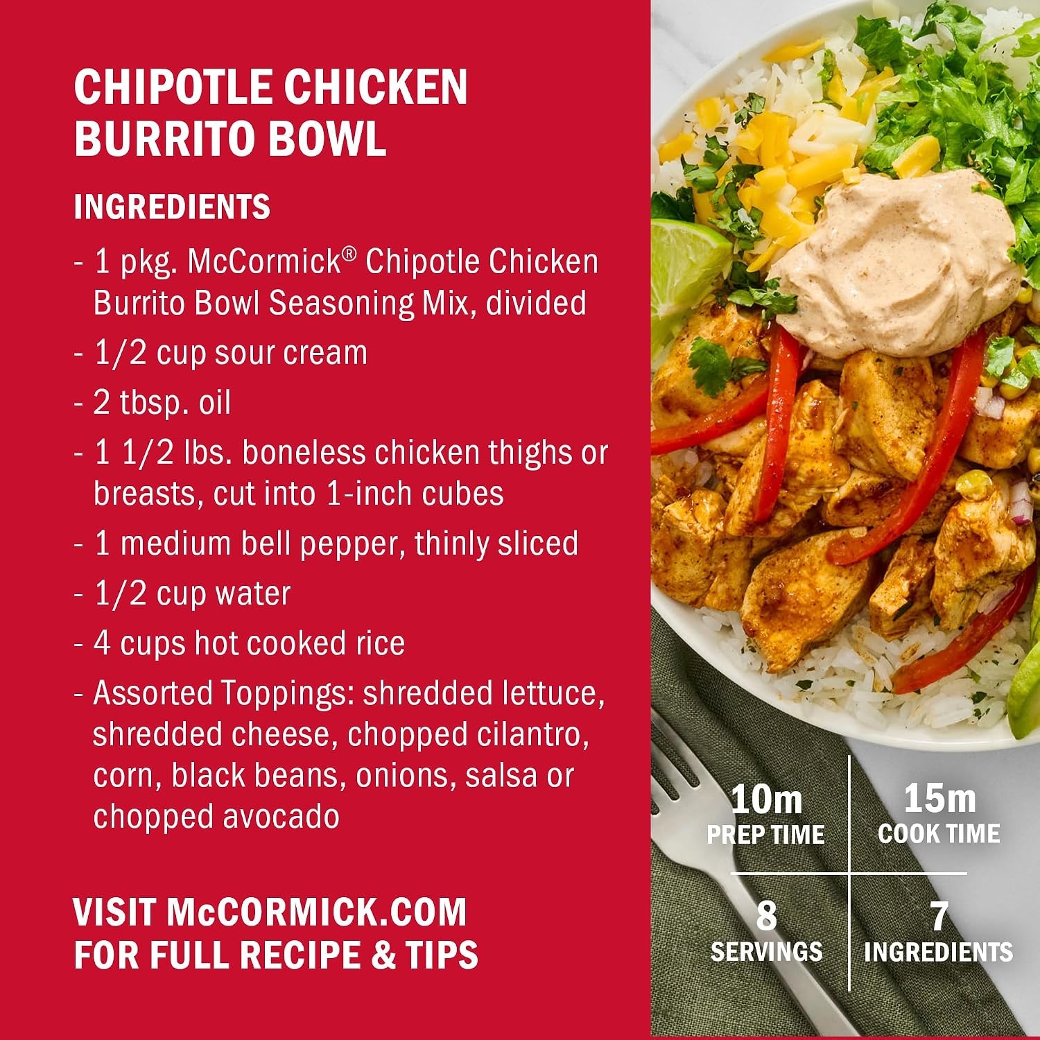 image:imageMcCormick Seasoning Mix Chipotle Chicken Burrito Bowl Zesty No Artificial Flavors Use with Chicken Steak Pork Shrimp Black Beans Vegetables Rice and More 15 oz