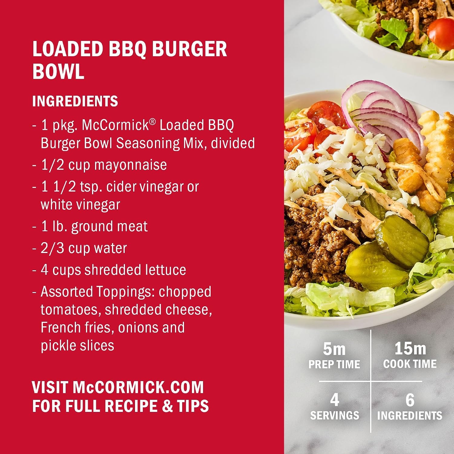 image:imageMcCormick Seasoning Mix Loaded BBQ Burger Bowl Hearty Ground Meat Smash Burger Seasoning No Artificial Flavors Use with Beef Chicken Pork and More 125 oz