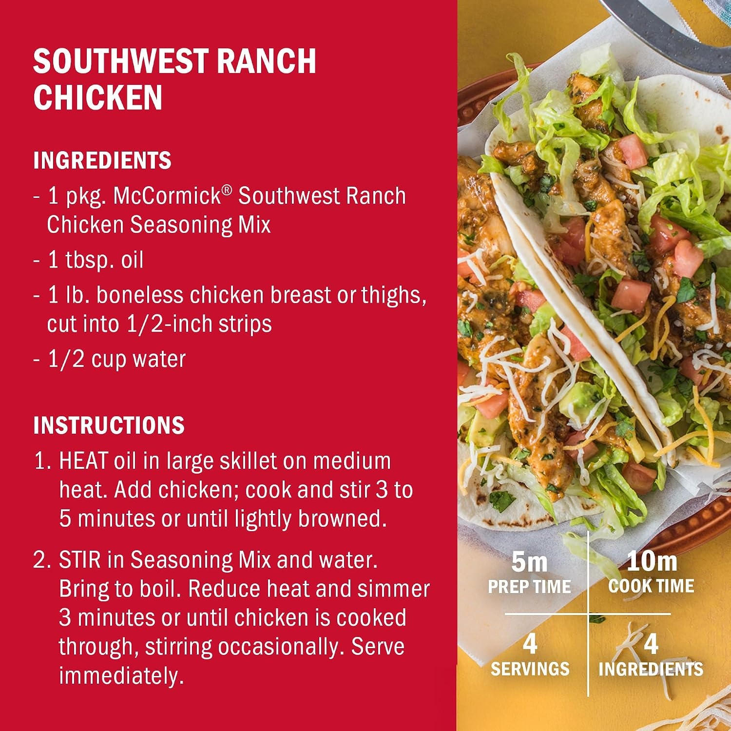 image:imageMcCormick Street Taco Southwest Ranch Chicken Seasoning Mix 087 oz Pack of 12087 Ounce Pack of 1