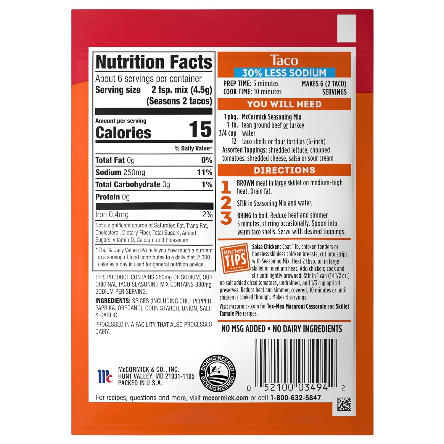 image:imageMcCormick Taco Seasoning Mix 30 Less Sodium No MSG Added No Artificial Flavors For Tacos Nachos Fajitas and More 1 oz