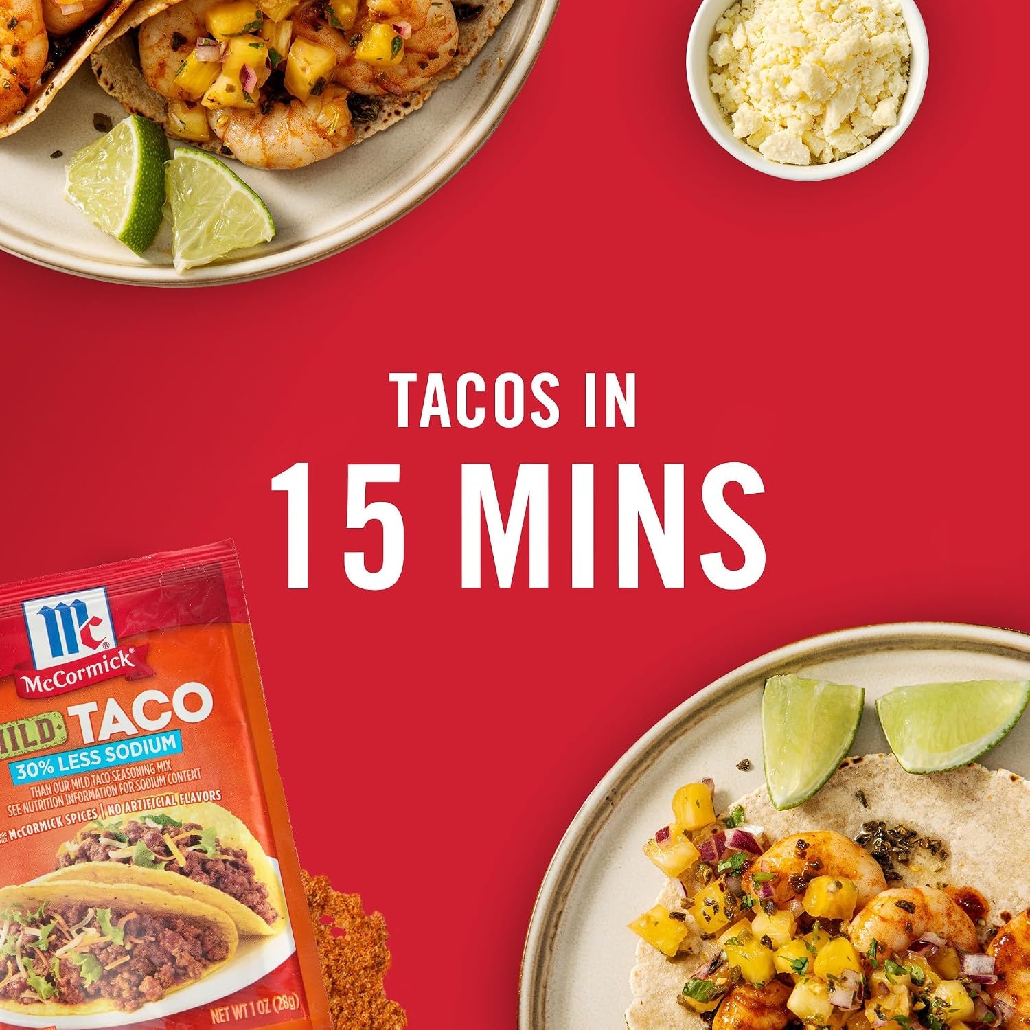 image:imageMcCormick Taco Seasoning Mix Mild 30 Less Sodium No MSG Added No Artificial Flavors For Tacos Nachos Fajitas and More 1 oz1 Ounce Pack of 1