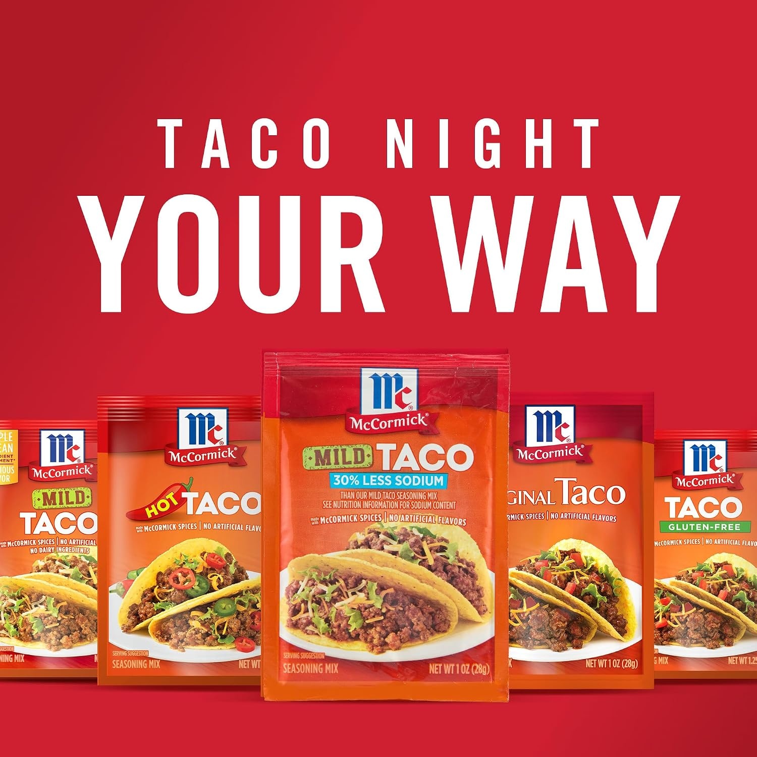 image:imageMcCormick Taco Seasoning Mix Mild 30 Less Sodium No MSG Added No Artificial Flavors For Tacos Nachos Fajitas and More 1 oz1 Ounce Pack of 1