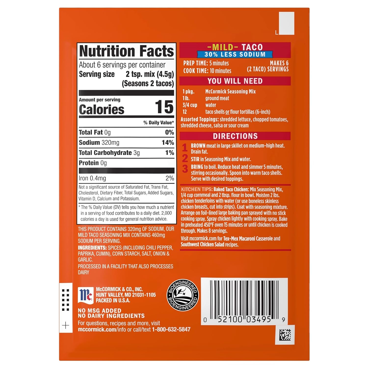 image:imageMcCormick Taco Seasoning Mix Mild 30 Less Sodium No MSG Added No Artificial Flavors For Tacos Nachos Fajitas and More 1 oz1 Ounce Pack of 1