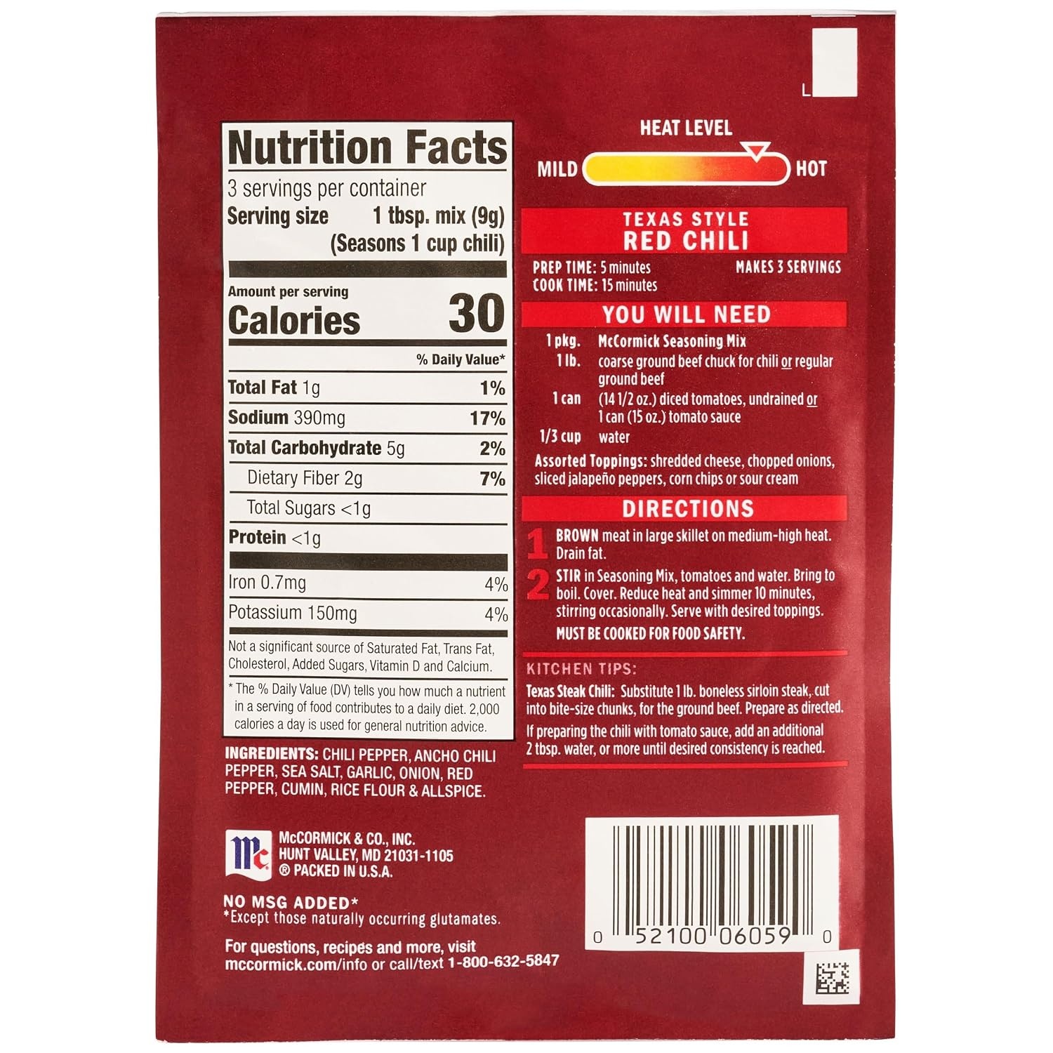 image:imageMcCormick Texas Style Red Chili Seasoning Mix No Artificial Flavors No MSG Added A Spicy TexasInspired Blend of Chili Peppers Sea Salt Garlic Red Pepper amp More Perfect for Game Day Ready In Under 20 Minutes 1 oz