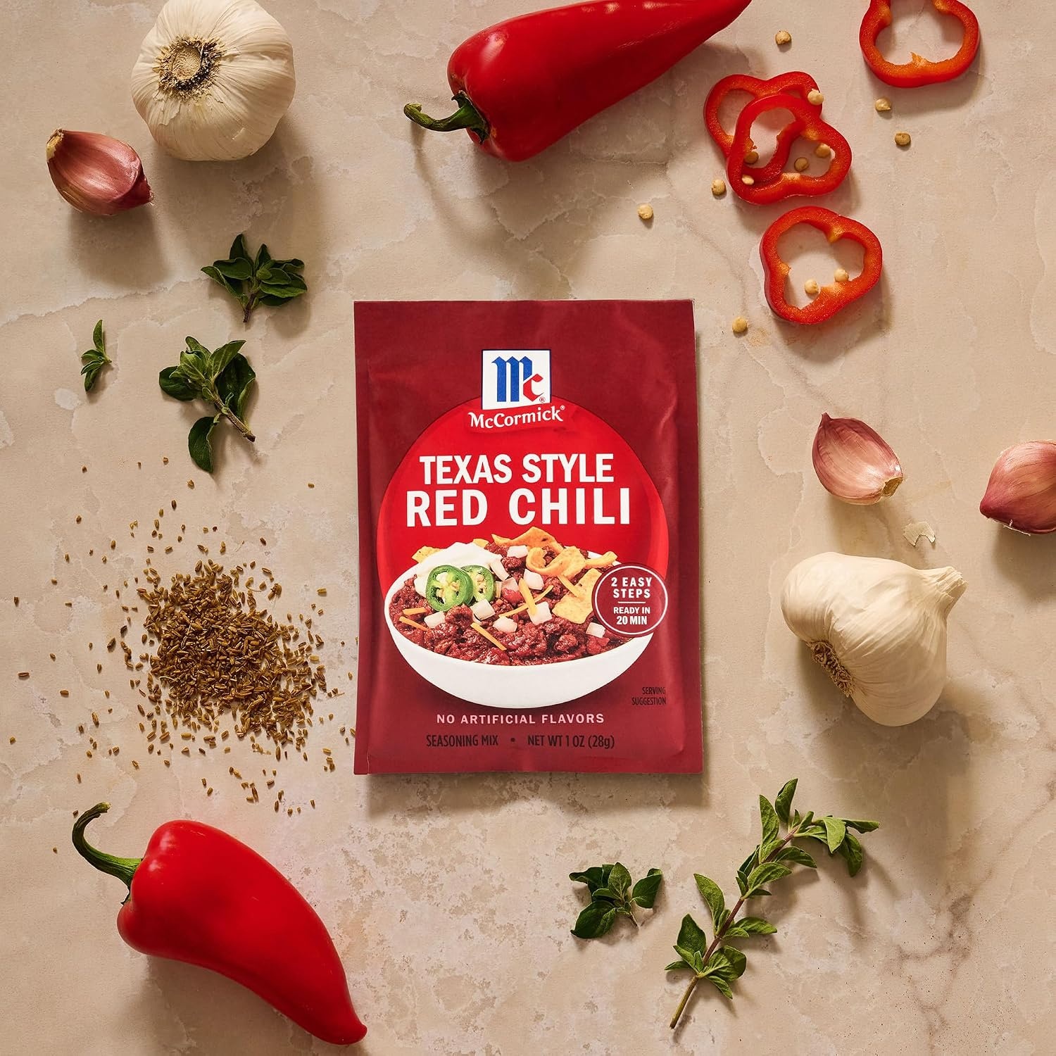 image:imageMcCormick Texas Style Red Chili Seasoning Mix No Artificial Flavors No MSG Added A Spicy TexasInspired Blend of Chili Peppers Sea Salt Garlic Red Pepper amp More Perfect for Game Day Ready In Under 20 Minutes 1 oz