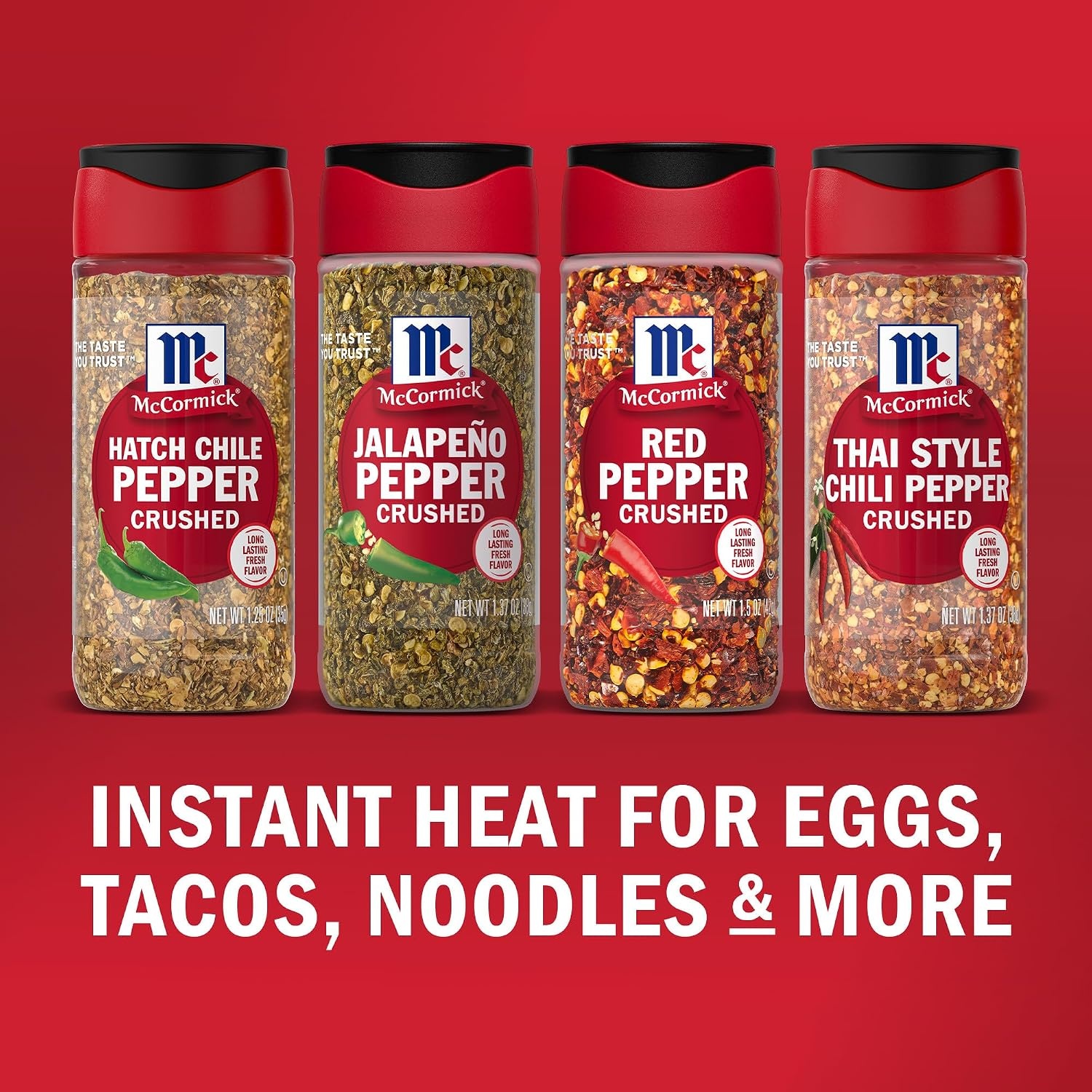 image:imageMcCormick Crushed Pepper Heat Lover Variety Pack Mild to Hot Heat Giftable Collection of Four Crushed Peppers for Adding Instant Heat to Eggs Potatoes Pasta Guacamole Tacos StirFry Enchiladas and More 549 oz