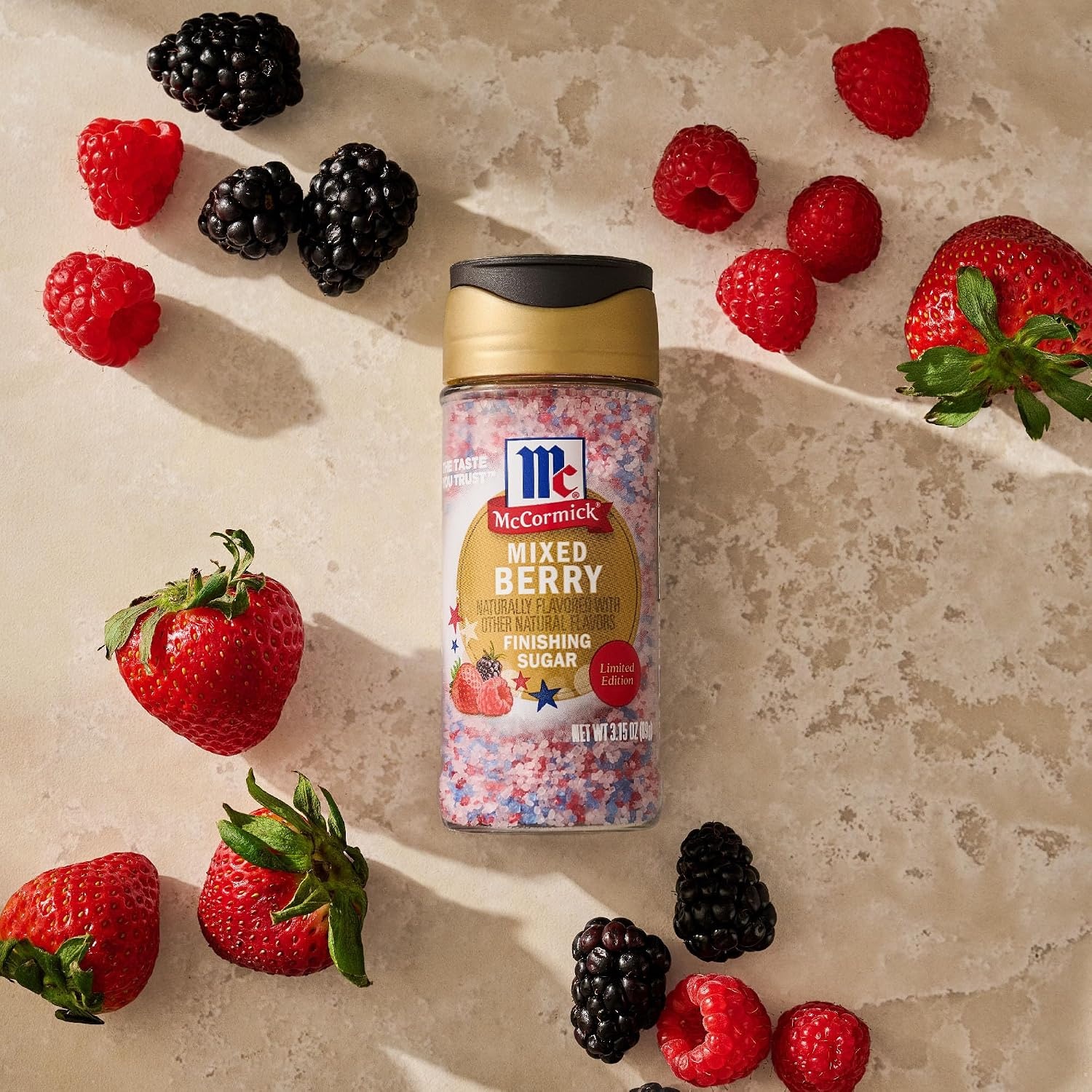 image:imageMcCormick Finishing Sugar Mixed Berry Limited Edition Sweet Berry Flavors Sprinkle on Breakfast and Dessert Favorites Garnish Beverages 315 oz315 Ounce Pack of 1