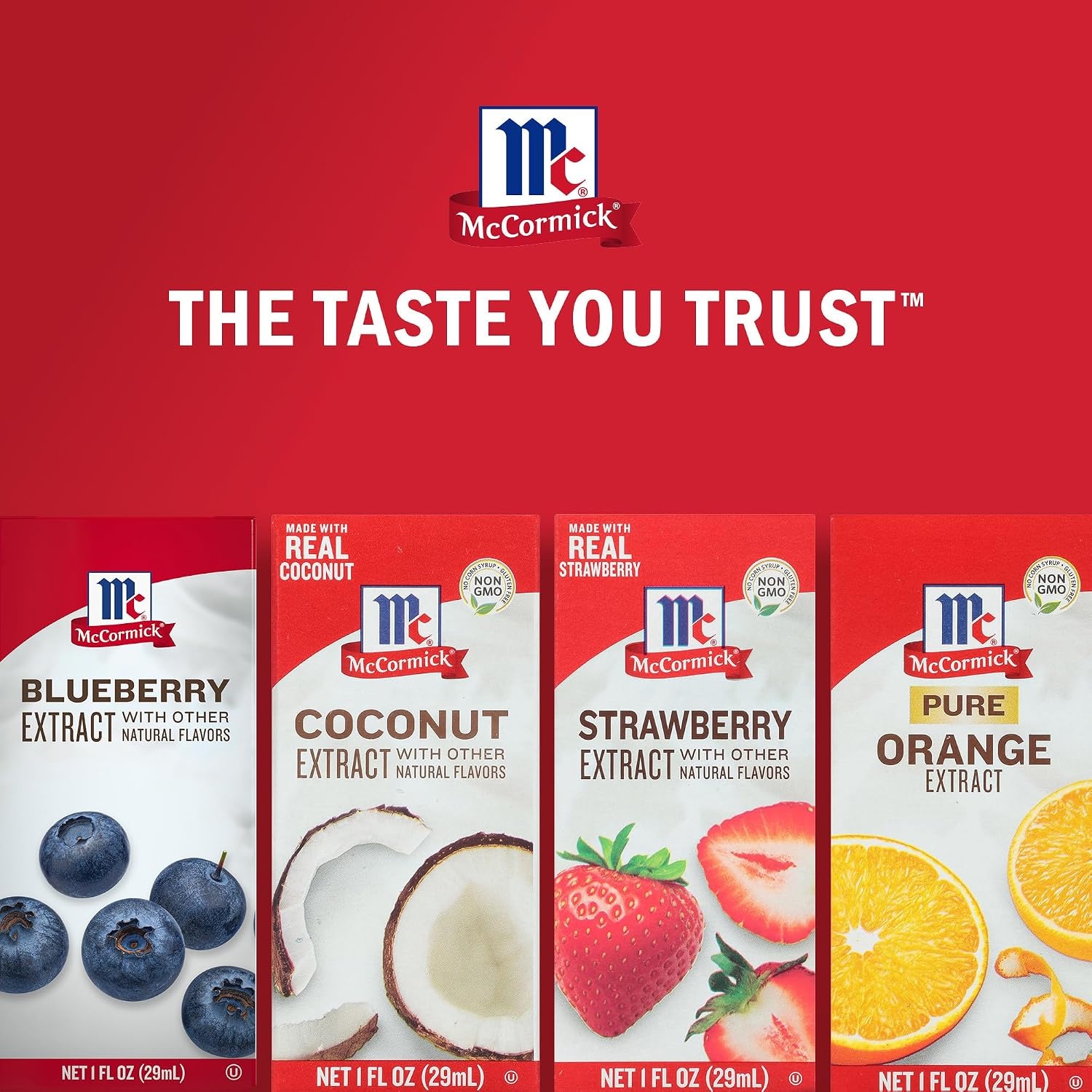 image:imageMcCormick Fruity Extract Variety Pack Includes Orange Strawberry Blueberry and Coconut Flavors For Baking Mocktails and More 4 fl ozFruity