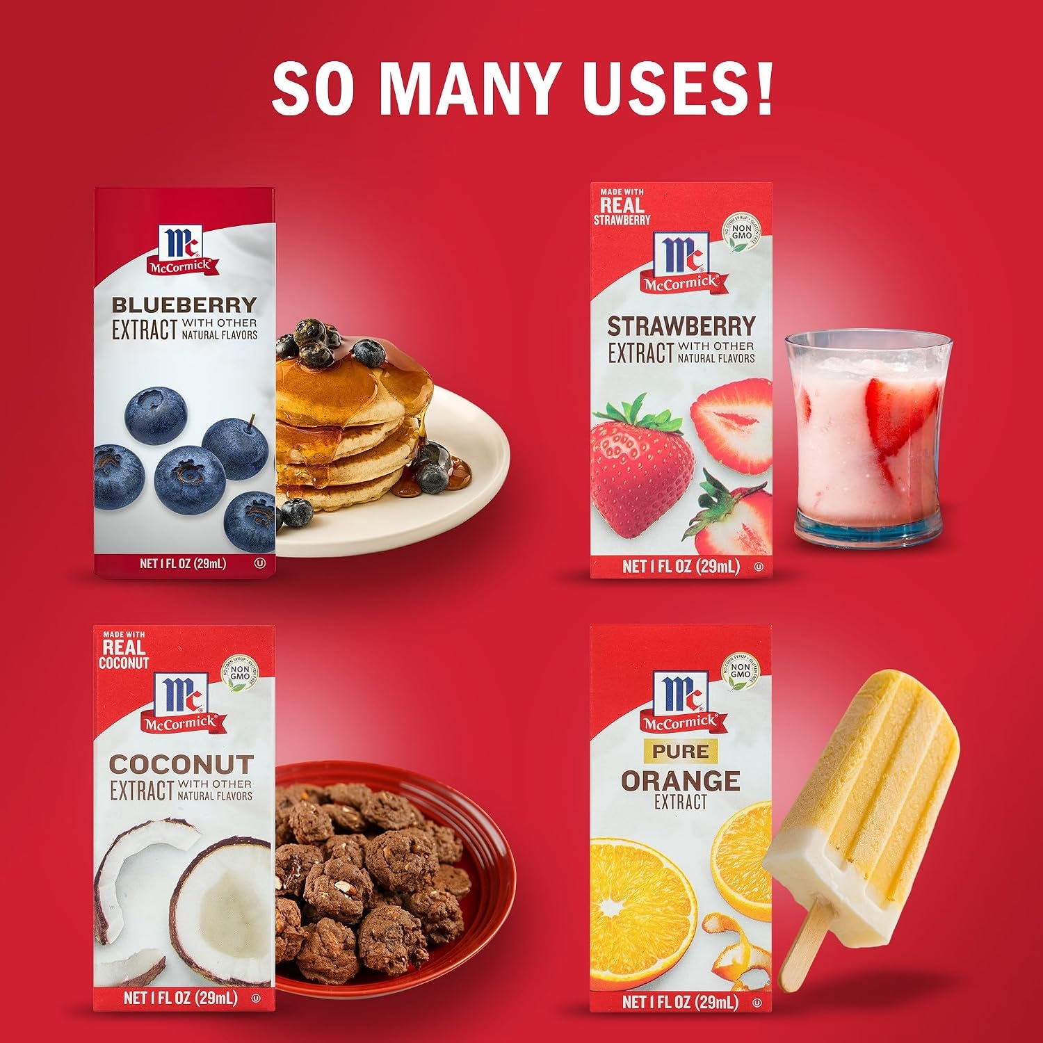 image:imageMcCormick Fruity Extract Variety Pack Includes Orange Strawberry Blueberry and Coconut Flavors For Baking Mocktails and More 4 fl ozFruity