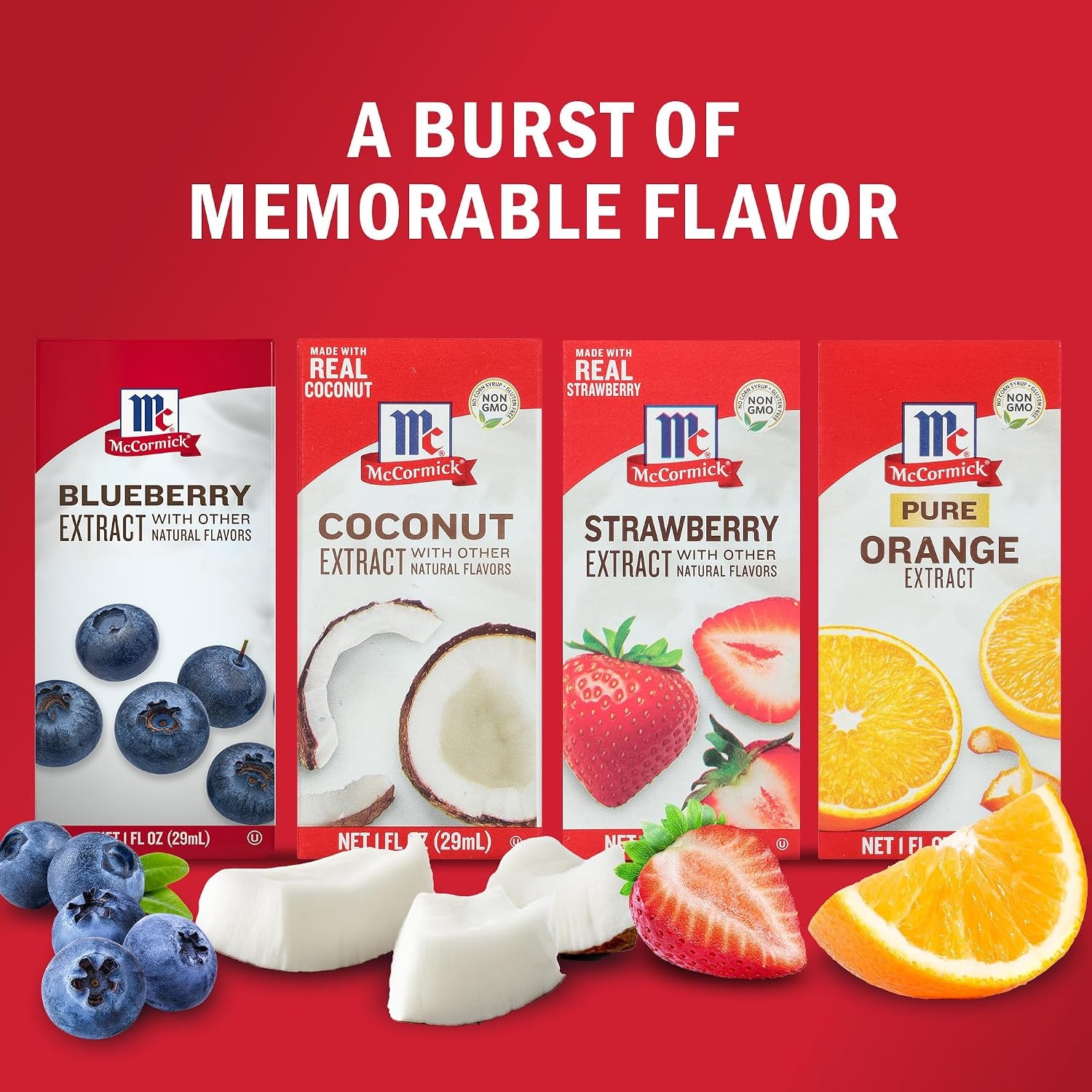 image:imageMcCormick Fruity Extract Variety Pack Includes Orange Strawberry Blueberry and Coconut Flavors For Baking Mocktails and More 4 fl ozFruity