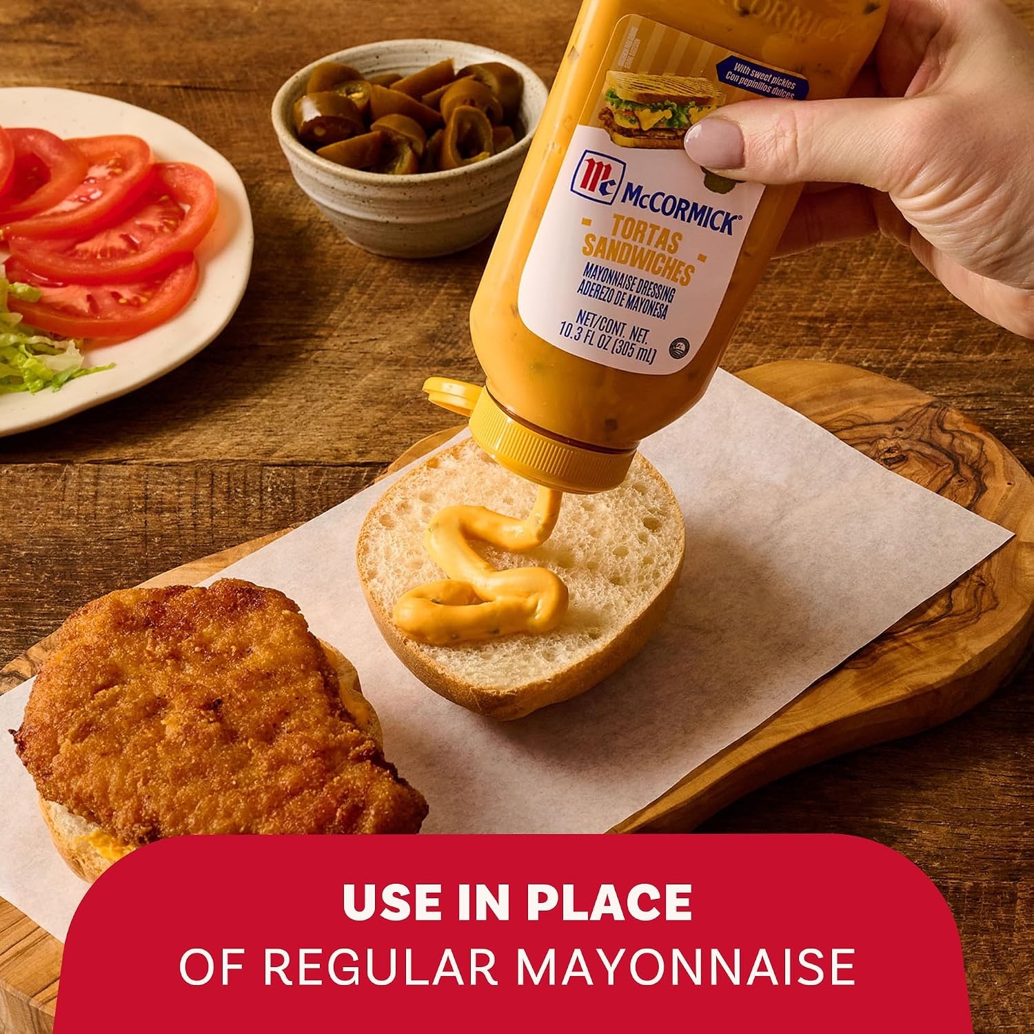 image:imageMcCormick Mayonnaise Dressing Tortas Sandwiches Perfect for Giving Your Favorite Deli Sandwiches a Flavor Boost A Thick Creamy Sandwich Spread That Adds a Hint of Lime and Sweet Pickle Flavor 103 fl oz103 Fl Oz Pack of 1