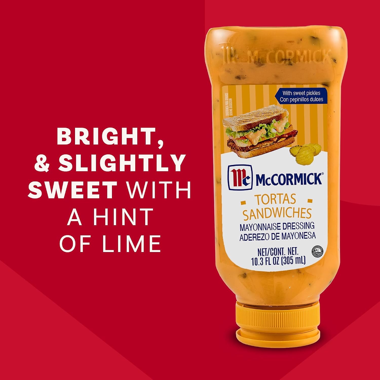 image:imageMcCormick Mayonnaise Dressing Tortas Sandwiches Perfect for Giving Your Favorite Deli Sandwiches a Flavor Boost A Thick Creamy Sandwich Spread That Adds a Hint of Lime and Sweet Pickle Flavor 103 fl oz103 Fl Oz Pack of 1